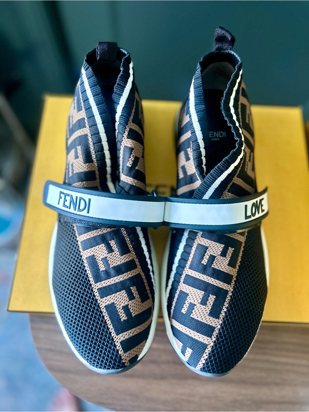 Fendi Rockoko FF Logo Knit Sock Sneakers Black Brown Size 40 / US 10